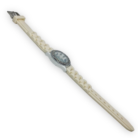 Geneva Jelly Gel Silicone Band Watch w. Rhinestone Face in Cream & White - Picture 7 of 8